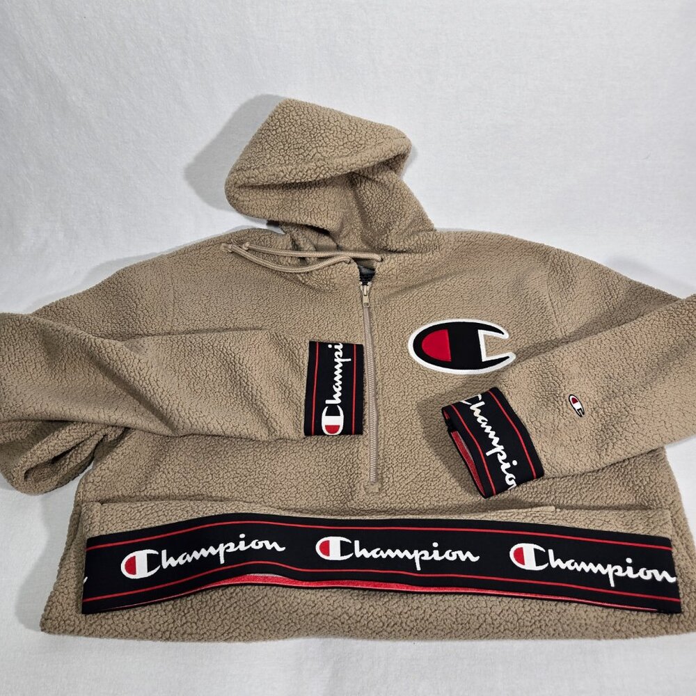 Y2K CHAMPION Streetwear TAN Spell Out Teddy Half Zip Sherpa Hoodie Men's Size L. - Picture 9 of 17